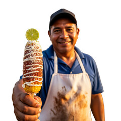 Happy Man Holding Elote Mexican Street Corn, Traditional Snack Isolated on transparent background, png