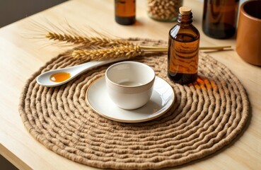 A cozy setting with a white cup, spoon, and amber bottles on a woven placemat