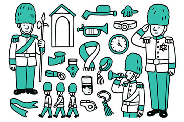 Royal Guard Doodle. Royal guards. Hand-drawn doodle illustration royal guards [bearskin hat (accented), ceremonial uniform (accented), halberd, guard box