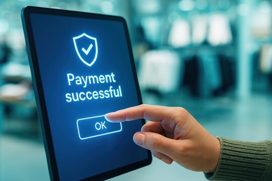 Customer hand successfully confirms secure digital payment on a glowing tablet screen, symbolizing modern financial technology and convenient shopping experience within a retail environment - Powered by Adobe