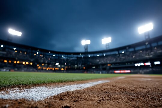 Baseball stadium under dark evening sky with bright floodlights illuminating the field, low angle view from the baseline showing contrast between green grass and red clay