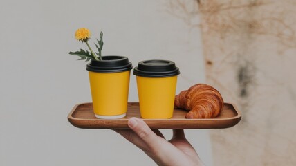 Hand holding tray with two yellow cups one with dandelion and a croissant on a neutral background