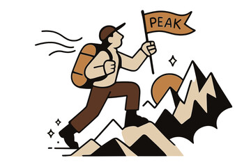 Summit Victory. Mountain hiker outline. A backpacker lifts a flag labeled ?Peak? as the sun slips behind jagged forms; wind lines ribbon forward. Tiny sparkles