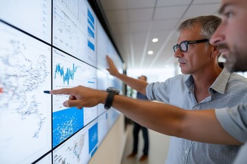 Team of analysts examining data visualizations and charts on a large interactive screen in a modern office, concept of technology-driven decision making and collaboration