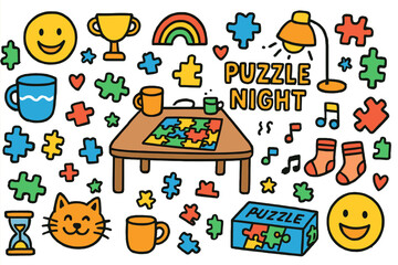 Fototapeta premium Colorful Puzzle Night. Puzzle night. Colorful Hand-drawn doodle Children illustration Puzzle night jigsaw pieces, table, lamp, mugs, laughing faces, cat,