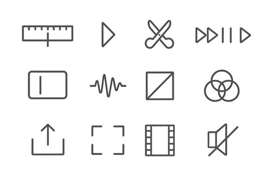 Video Editing Icons. Video Editing. Line icon set of Video Editing: timeline, playhead, scissors cut, playback controls, clip segment, sound wave, transition