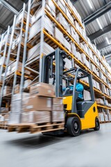 Naklejka premium Forklift transporting stacked cardboard boxes through a high-rack warehouse aisle, motion blur in modern industrial environment, concept of logistics and supply chain efficiency