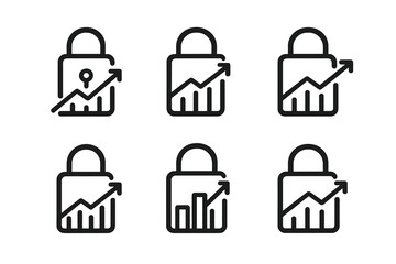 Cybersecurity Logo Grid. Cybersecurity for Digital Marketing and Advertising Platforms. Set Logo of Lock with Graph: Minimal outline, Abstract geometric,