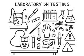 Obraz premium Laboratory Equipment Doodles. Laboratory pH testing. Hand-drawn doodle illustration Laboratory pH testing beaker, pipette, test tube rack, chemical flask, pH