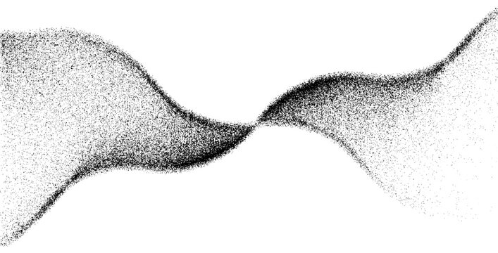 Grainy particle wave flow, abstract halftone vector illustration in black and white. background.