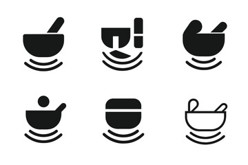 Music Therapy Logos. Music therapy for health. Set Logo of music therapy for health: singing bowl resonance waves. Icon set. harmonious logo variations of the