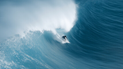 Surfer riding massive ocean wave dynamic action blue water outdoor adventure extreme sport summer powerful surf skillful balance excitement spray