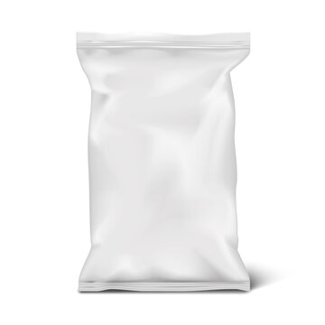 White blank pillow bag front view. Vector 3d mock-up. Food snack pouch package. Realistic mockup. Template for packaging design
