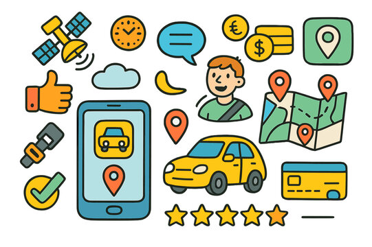 App-Based Transport Icons. App-based transport. Colorful Hand-drawn doodle Children illustration App-based transport smartphone, car, map route, location pins,