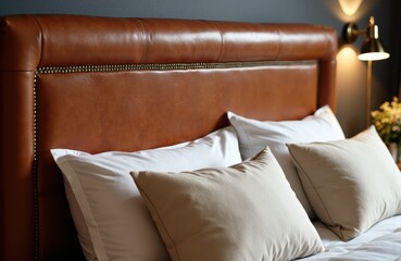 Cozy bedroom with a leather headboard and neatly arranged pillows on bed