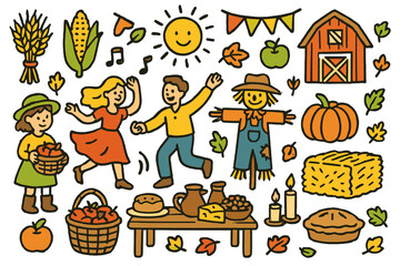Obraz premium Vibrant Harvest Festival. Harvest festival. Colorful Hand-drawn doodle Children illustration Harvest festival wheat sheaves, corn, pumpkin, baskets, hay bale,