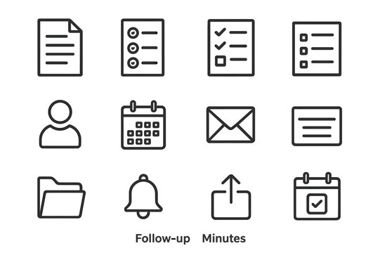 Meeting Essentials Icons. Follow-up and Minutes. Line icon set of Follow-up and Minutes: meeting minutes document, attendance list, decisions check, action