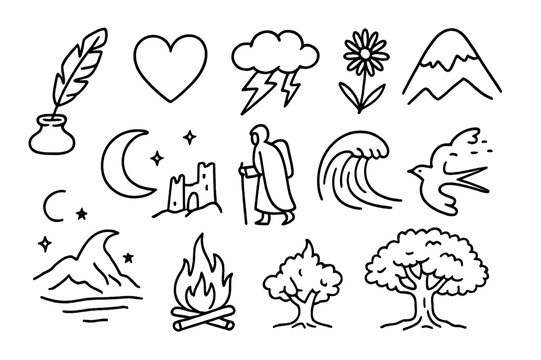 Romantic Symbols Doodles. Romanticism in poetry and prose. Hand-drawn doodle illustration Romanticism in poetry and prose quill, heart, storm cloud, lightning,