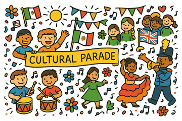 Colorful Cultural Parade. Cultural parade. Colorful Hand-drawn doodle Children illustration Cultural parade flags, drums, costumes, marching band, banners,