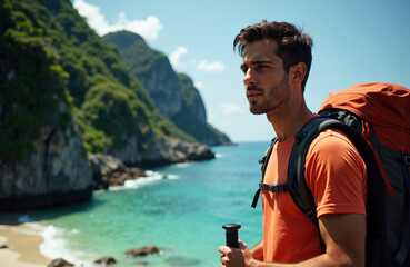 A man hiking along a scenic coastal trail with cliffs and turquoise water in the background