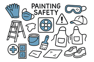 Painting Safety Essentials. Painting safety. Hand-drawn doodle illustration painting safety [gloves (accented), mask (accented), goggles (accented), step
