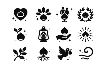 Chestnut Icon Set. Chestnut Symbolism. Solid icons set of Chestnut Symbolism: heart nut, leaf crown, family tree, sprouting nut, circle wreath, lantern light,