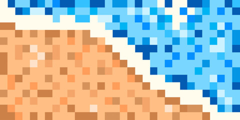 Pixel Summer background. Vector illustration of trendy Pixel Art style Summer background with sea sand beach and wave. Perfect Summer web retro banner wall decor. EPS 10