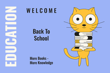 Education vector illustration banner template design. Minimal style Education background with cute cat and books. Perfect Back to School theme. EPS 10