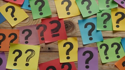 Abstract Representation of an Interrogative Punctuation Mark Comprising a Collection of Adhesive Memoranda with Hand-Penned Script in Dark Ink on Vibrant Paper Substrates Mounted on a Textured Wooden - Powered by Adobe