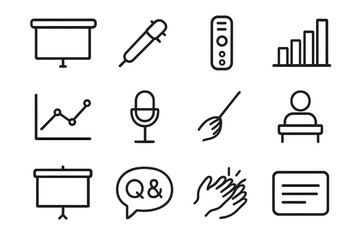 Presentation Icons Set. Presentation. Line icon set of Presentation: slide deck, laser pointer, clicker remote, bar chart, line graph, microphone, pointer