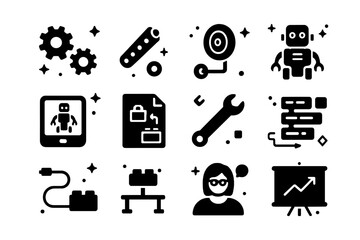 Naklejka premium STEM LEGO Icons. STEM Learning with LEGO. Solid icons set of STEM Learning with LEGO: gears, axles, pulley, robot, tablet, instruction sheet, wrench, code