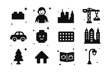 Naklejka premium LEGO City Builders. Children Building LEGO Cities. Solid icons set of Children Building LEGO Cities: LEGO brick, child figure, city skyline, construction