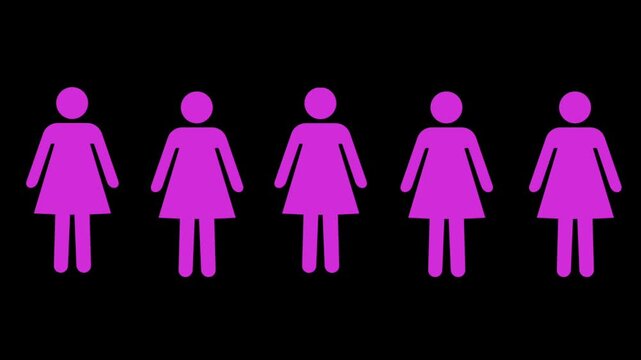Animated row of red female icons or user symbols on a white background. Represents gender, demographics, social media users, or women's rights.