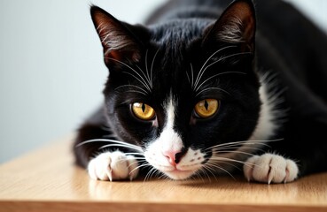 Close-up of a black and white cat lying on a wooden surface with focused amber eyes