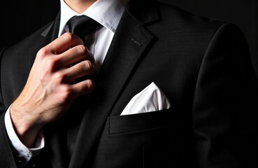 A man adjusting his black suit jacket with a white shirt and pocket square