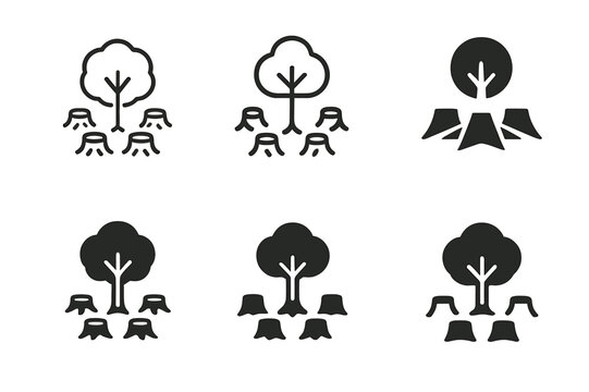 Deforestation Logo Variations. Deforestation. Set Logo of deforestation: single surviving tree among stumps. Icon set. harmonious logo variations of the same