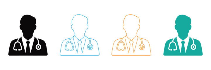 Versatile doctor icons in solid and outline designs provide clean, professional visuals for any medical or healthcare communication needs.