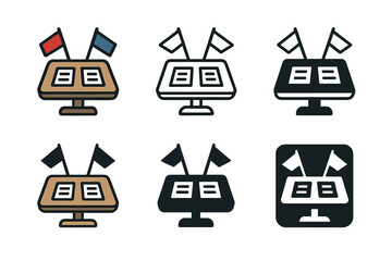 Fototapeta premium Tariff Negotiation Logos. tariff negotiations. Set Logo of tariff negotiations: meeting table with documents and flags. Icon set. harmonious logo variations of