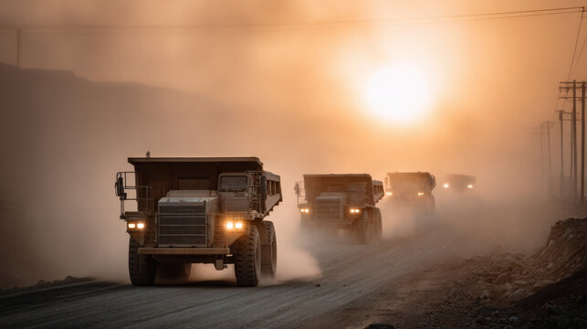 Heavy mining trucks in formation moving along dusty quarry path under golden sunlight