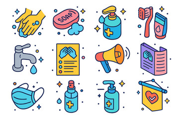 Health Awareness Icons. Health awareness. Colorful isometric vector icons set of health awareness: handwashing, soap, sanitizer, toothbrush, toothpaste, clean