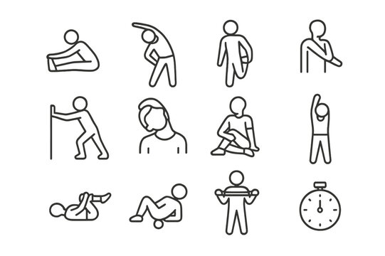 Stretching Icon Set. Stretching. Line icon set of Stretching: seated hamstring stretch, standing side bend, quad stretch, shoulder stretch, calf stretch, neck