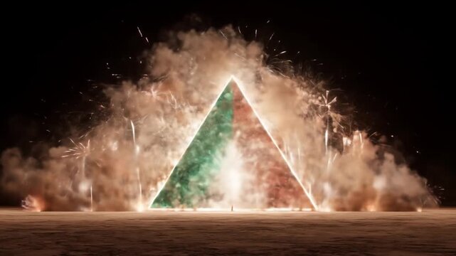 A large, colored triangle is surrounded by fireworks and smoke. A small person stands below