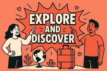 Obraz premium Explore and Discover. Explore and discover banner, flat vector illustration, bold oversized text inside splash explosion, cartoon characters standing and