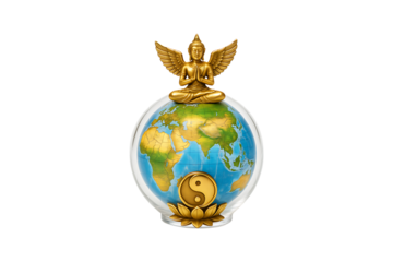 Buddha and Yin Yang World Globe Isolated on Transparent Background