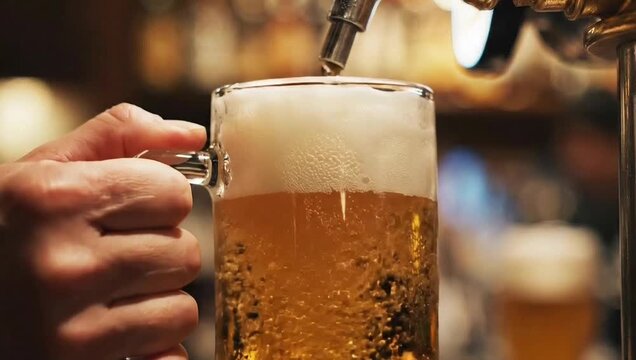 Bartender pouring draft beer into a glass mug in a bar