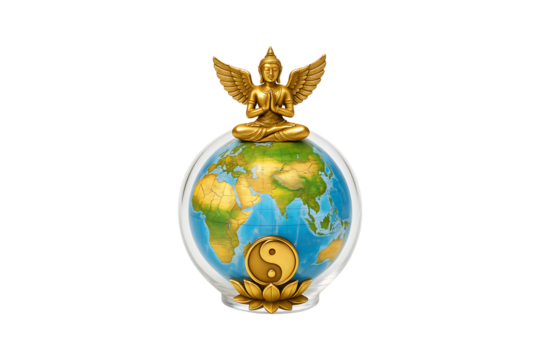 Buddha and Yin Yang World Globe Isolated on Transparent Background