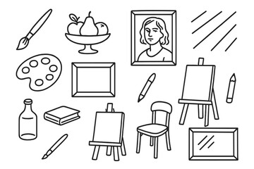 Art Studio Elements. Realism painting. Hand-drawn doodle illustration realism painting brush, fruit bowl, portrait, light rays, frame, palette, easel, pencil,
