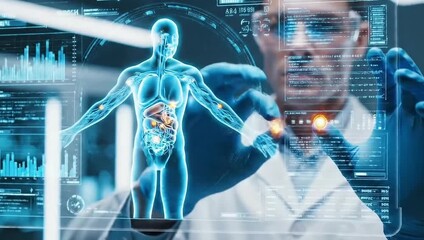 Scientist Interacting with Holographic Human Body on a Futuristic Transparent Screen - Powered by Adobe