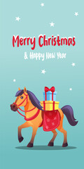 Modern holiday illustration of a brown horse surrounded by gifts and snow. Vintage art style meets adorable charm, perfect for Christmas cards and joyful decorations