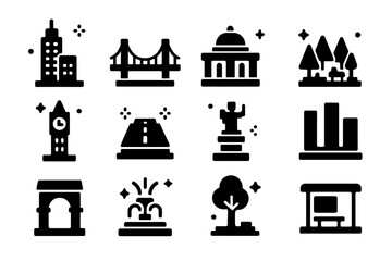 Obraz premium Miniature LEGO Icons. Miniature LEGO Architecture. Solid icons set of Miniature LEGO Architecture: skyscraper, bridge, museum, park, clock tower, road, statue,